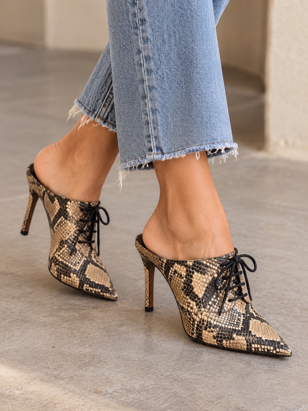 VINCE CAMUTO Maivyn Snake Python Print Leather Lace Up Stiletto Bootie Mules